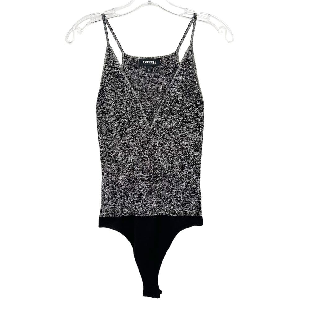 Express Gray Silver Sparkly V Neck Bodysuit Sz S